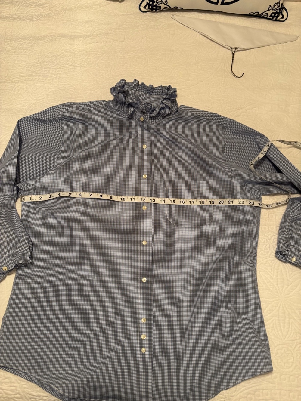Upcycled Brooks Brother Blue Checked Ruffle Collar Button-Up Shirt B-24 L29